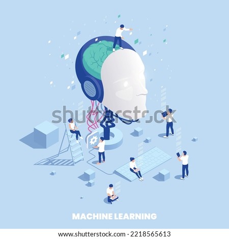 Machine learning deep learning isometric composition with head of mannequin artificial brain and people transferring data vector illustration Royalty-Free Stock Photo #2218565613