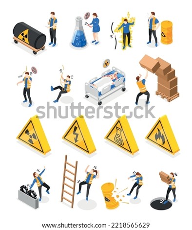 Safety precaution at workplace isometric icons set isolated vector illustration Royalty-Free Stock Photo #2218565629