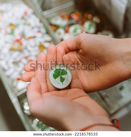 four-leaf clover in keychain in hands of girl, talisman of good luck in all endeavors. woman holds green four-leaf clover in hands, enclosed in keychain for memory and good luck, top view