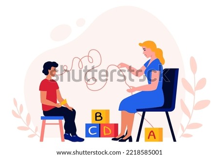 Speech therapist and a kid.  Woman teaching boy correct speech. Child doing tongue exercises.  Speech correction. Speech disorder, development delay. Pediatrician in the kindergarten, school. Vector. Royalty-Free Stock Photo #2218585001