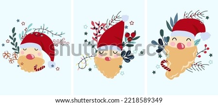 Christmas card with Santa Claus head , with winter berries, colorful leaves, pine branches and other. Concept Christmas and New Year. Perfect for greeting cards, poster, postcard, banner