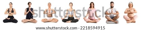 Set of different meditating people isolated on white