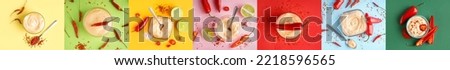Collage of delicious chipotle sauce in bowls on color background, top view