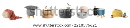 Collage of stylish ottomans on white background Royalty-Free Stock Photo #2218596621