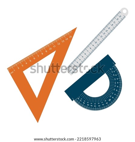 Different rulers and protractor on white background