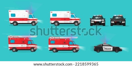 Ambulance emergency car vector 3d, side firefighter truck and front police fbi rescue vehicle van clipart graphic illustration cut out, safety automobiles clip art set image