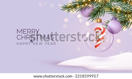 Christmas tree with ornaments glass transparent balls with candy cane on winter snowy background bright golden bokeh lights. Merry Christmas and Happy New Year festive gift card. Vector illustration