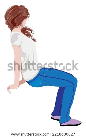 Woman in gray shirt and jeans in sit pose, view from the side illustration.