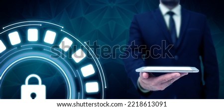 Man Standing Holding Tablet And Pressing On Virtual Button. Business Man Carrying Pad Tapping Switch Showing New Futuristic Technologies.