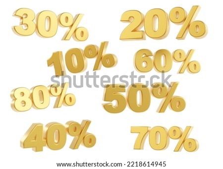 Golden 10, 20, 30, 40, 50, 60, 70, 80 percent discount signs isolated on white background. Sale, special offer, good price, deal, shopping. Cut out design elements. 3D rendering. 3D Illustration