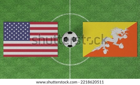Football Match, USA vs Bhutan, Flags of countries with a soccer ball on the football field