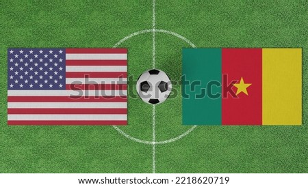 Football Match, USA vs Cameroon, Flags of countries with a soccer ball on the football field