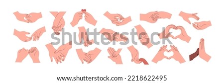 Two hands holding together set. Human fingers, couple and kid-parent palms touching, gesturing. Support, love relationship concept. Flat graphic vector illustrations isolated on white background