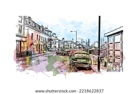 Building view with landmark of Peel
Municipality in Canada. Watercolor splash with hand drawn sketch illustration in vector.
