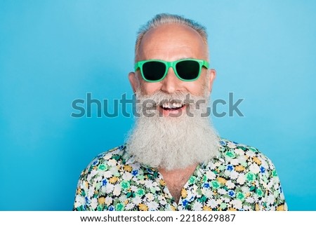 Closeup photo of elderly positive excited smile wear sunglass ray ban chill period season gray mustache beard travel tourism isolated on blue color background