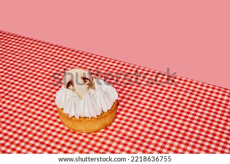 Mushroom cake. Surrealism and colorful minimalism. Food pop art photography. Vintage, retro 80s, 70s style. Art, beauty and fashion concept