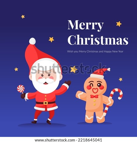 Merry Christmas Santa Clause and Gingerbread man cookie in serenity blue background with stars. Greeting post design template vector.
