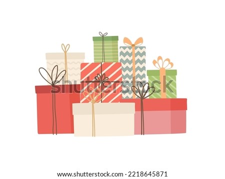 Big piles of colorful wrapped gift boxes with ribbon isolated on white background. Merry Christmas and Happy New Year design. Flat vector illustration. Presents for holiday, birthday.