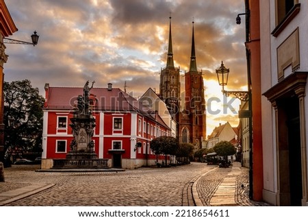 Wroclaw, Poland landmark Ostrow Tumski island and Cathedral of St John the Baptist towers Royalty-Free Stock Photo #2218654611