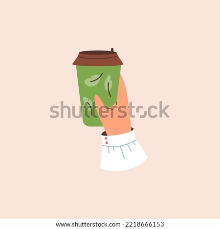 Hand holds to go or take away mug, flat vector illustration isolated on beige background. Reusable cup with hot drink or beverage. Coffee or tea to go. Royalty-Free Stock Photo #2218666153