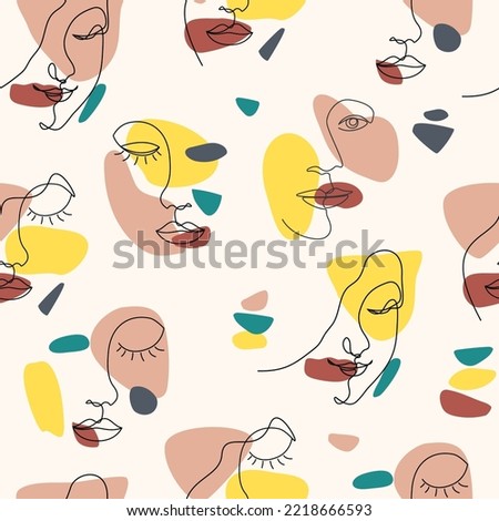 Seamless pattern female black linear portrait, continuous line drawing, colorful spots. minimalist contours of female faces, pastel colors background. Modern fashion vector print. Surreal Minimalistic