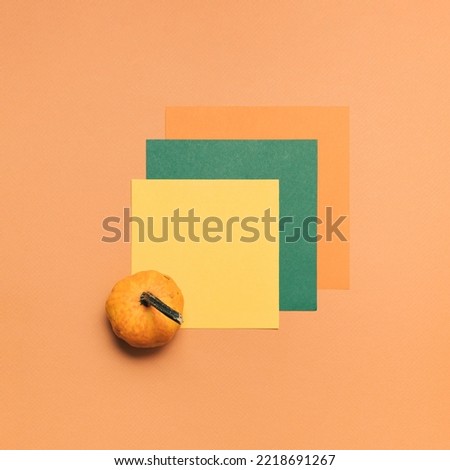 Pumpkin on colorful paper card for text on orange background. Minimal autumn concept with copy space. Creative flat lay greeting card idea. Season of colorful fall vibe.