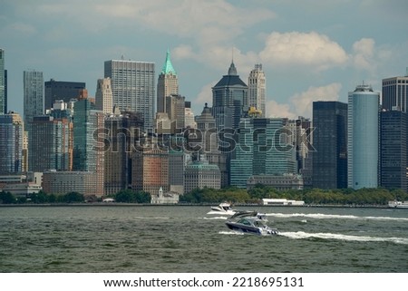 new york city manhattan view cityscape from hudson river liberty island