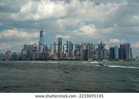 new york city manhattan view cityscape from hudson river liberty island