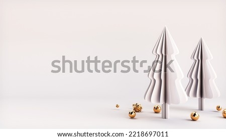 White Christmas background. New Year's decor. Cardboard Christmas trees. 3D render. 2023