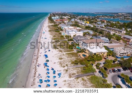 Florida. Indian Rocks Beach Florida. Gulf of Mexico or ocean beach, Hotels and Resorts. Turquoise color of salt water. American shore. Tampa, St. Petersburg, Clearwater FL. Summer or Autumn vacation.