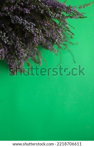 a bouquet of fragrant purple flowers with small heather flowers lies on a bright green background in the corner. for announcements advertising banners flower shops labels flyers signboards