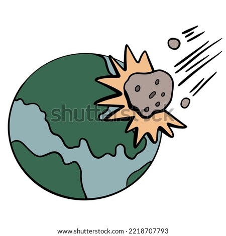Doodle illustration planet earth in which a meteorite flies, asteroid, fire, explosion, impact, white background
