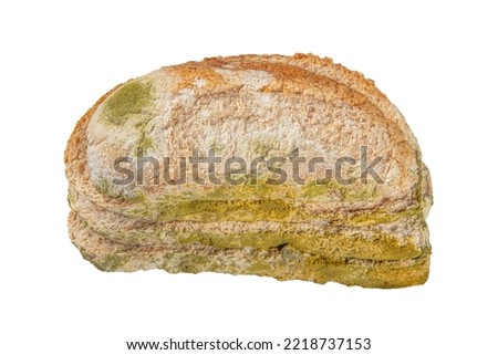 Waste The picture of a moldy bread. Rotten and uneatable. Isolated on white background. Green mildew on a stale bread. Surface of moldy bread. Moldy fungus on rotten bread.
