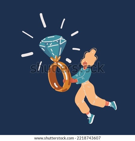 Cartoon vector illustration of wedding, bridal, jewelry and luxury. Woman fly with ring with big gem over dark background