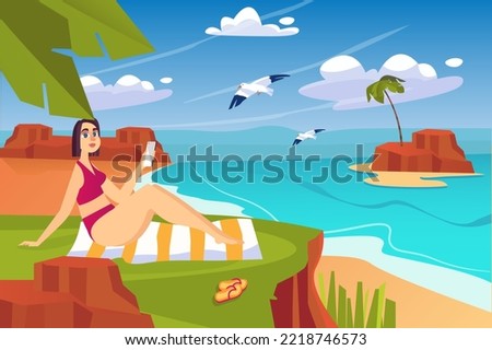 Beach concept with people scene in the background cartoon style. Girl rests on the beach and watches seagulls near the sea. Vector illustration.