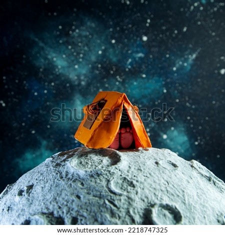 Plasticine tent on the Moon, starry background. The concept of space tourism development.
