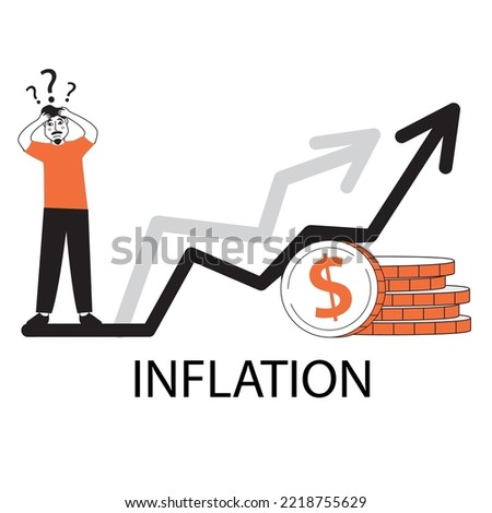 Economic inflation dollar value increase.Cost low and loss. Tiny people standing near piles of coins.Financial crisis.Character cartoon flat cartoon style.Isolated on white background.