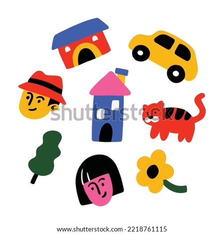 Set of human playground object in naive style illustration design. Trendy childish hand drawn clip art for design element. collection of car, people, house, tree and flower