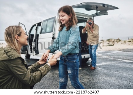 Road trip, travel and family photography for holiday memory of mother and child bonding together with suv van transportation. Happy woman mom, kid and senior taking picture on camera on journey break