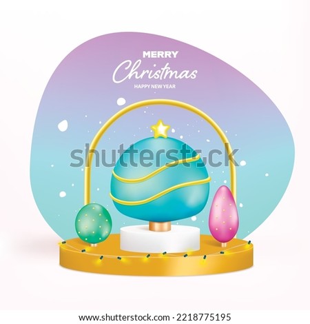 Merry Christmas and Happy New Year decoration on red background. Realistic 3d rendering illustration vector.
