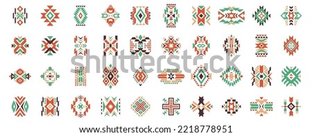 Aztec ethnic motif. Native american geometric pattern, colored mexican tribal art elements for logo tattoo fabric design. Vector isolated set. Colorful ancient culture symbols or ornament Royalty-Free Stock Photo #2218778951