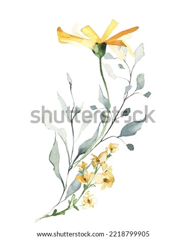 Watercolor bouquet with yellow, turquoise wild flowers, branches, leaves, twigs. Hand drawn floral illustration