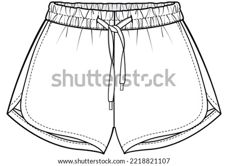 womens shorts elastic waist short pant with drawstring technical cad drawing vector illustration template. Royalty-Free Stock Photo #2218821107