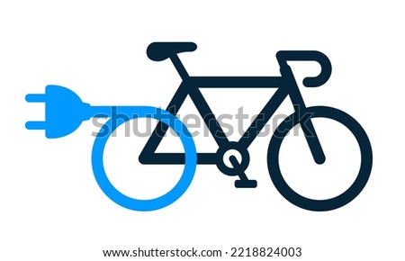 Electric race bicycle or racing e-bike with a charging cable and plug - icon vector illustration isolated on white