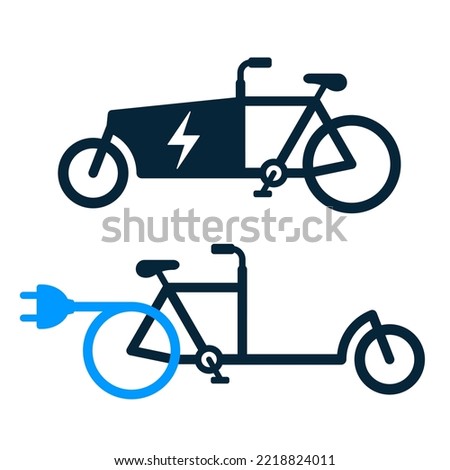 Electric cargo bicycle or e-bike with a charging cable and plug - icon set vector illustration isolated on white