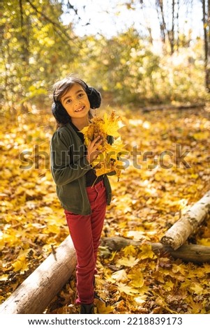 The girl is holding a yellow maple leaf in her hands. Autumn maple leaf in hands. The child enjoys autumn. The girl collects autumn leaves.