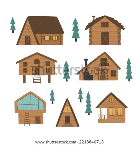 vector image of a collection of cabin houses, wooden buildings, glamping, resort concept