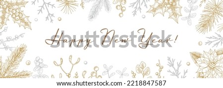 Merry Christmas and Happy New Year horizontal greeting card with hand drawn golden evergreen and mistletoe branches, holly berries. Vector illustration in sketch style Royalty-Free Stock Photo #2218847587