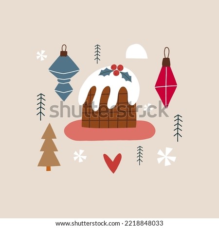 Christmas vector composition with cupcake. All objects are isolated. Christmas card in hand drawn style.