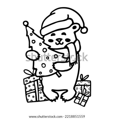 Cute bear in winter clothes, scarf, and hat with Christmas tree and present boxes. Cartoon outline doodle Vector. Coloring book for kids. Teddy Вear hand-drawn animal illustration.